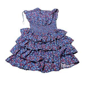 Patrons of Peace Strapless Smocked Summer Dress Ruffles size Small Blue Floral